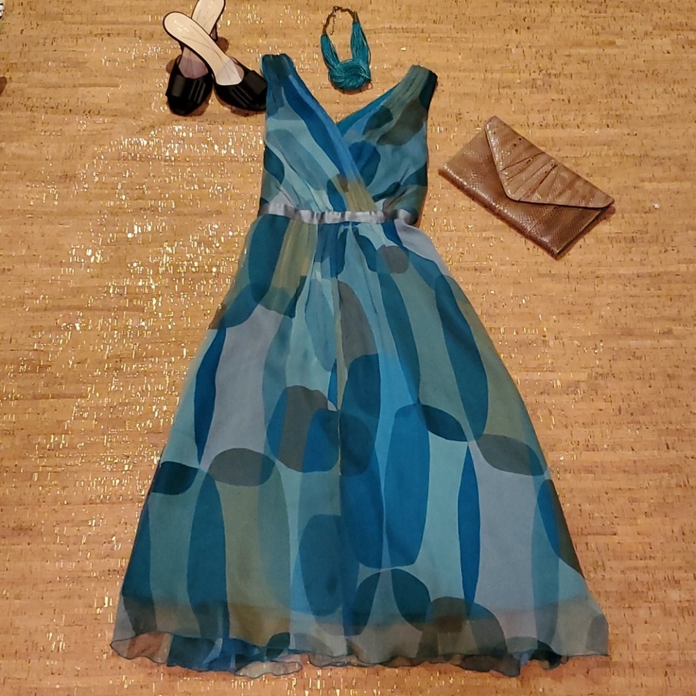 Saja, Blue Silk, Geometric, Midi Dress